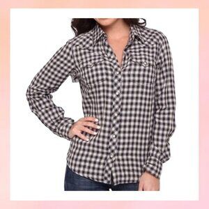 Lucky Brand Western-Style Black & White Plaid Flannel Long Sleeve Shirt- Large